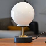 White vintage globe table lamp, black and gold finishes