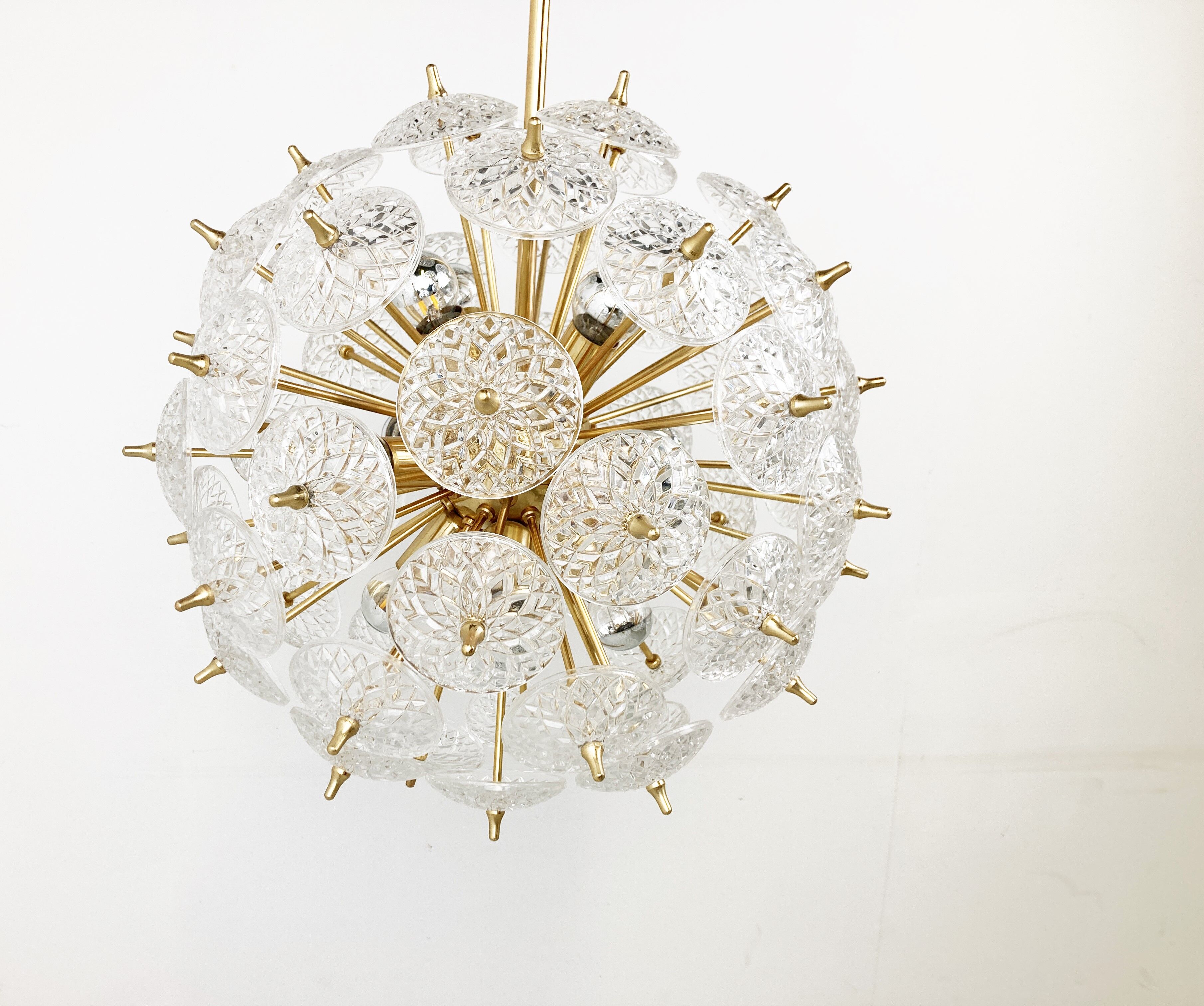 Mid century brass and crystal sputnik chandelier by Val saint lambert, 1960s