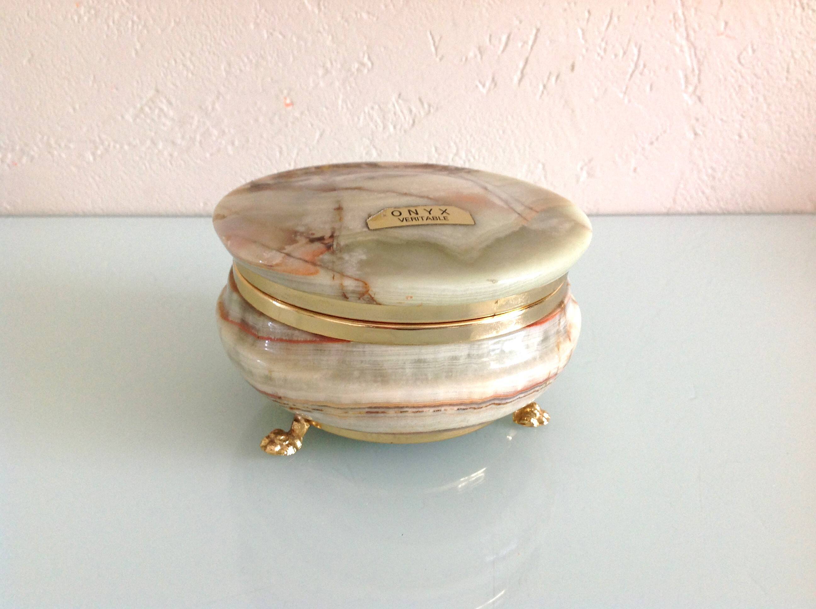 Boîte à bijoux ronde en onyx vert sur pieds dorés / vintage années 60-70