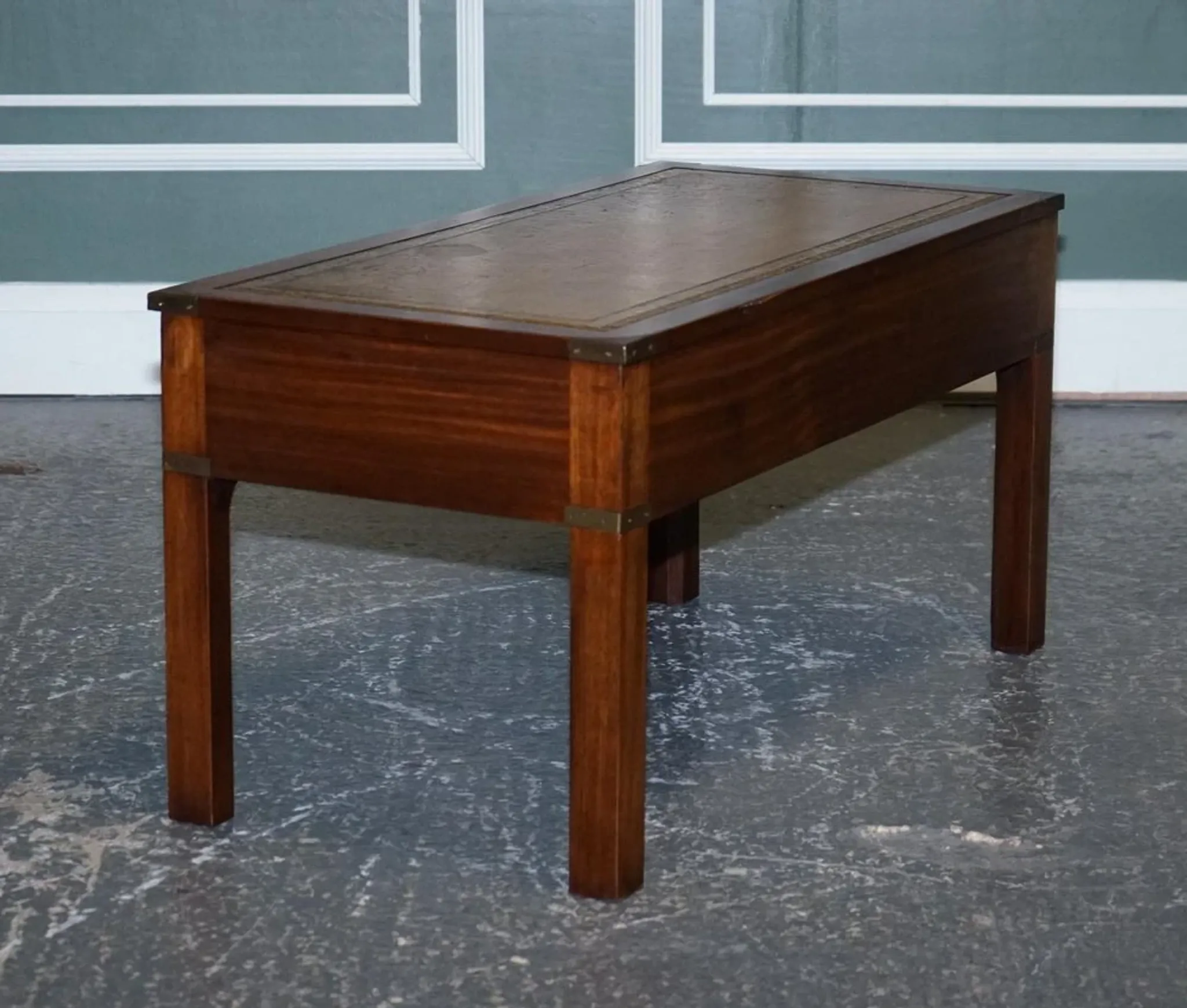 Coffee Table Military Campaign with Brown Leather Top from Harrods London