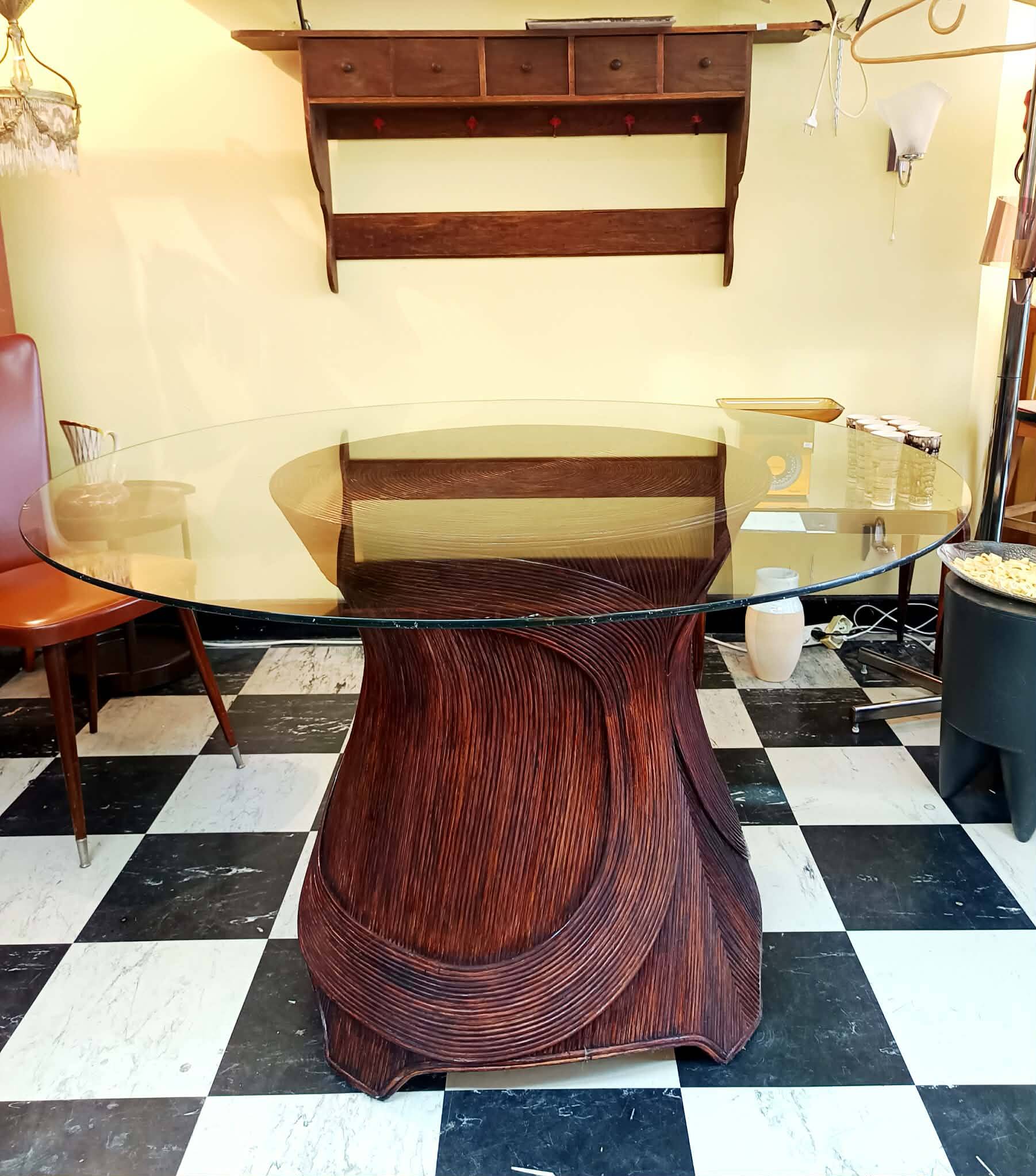 Table marqueterie de rotin vintage 1970