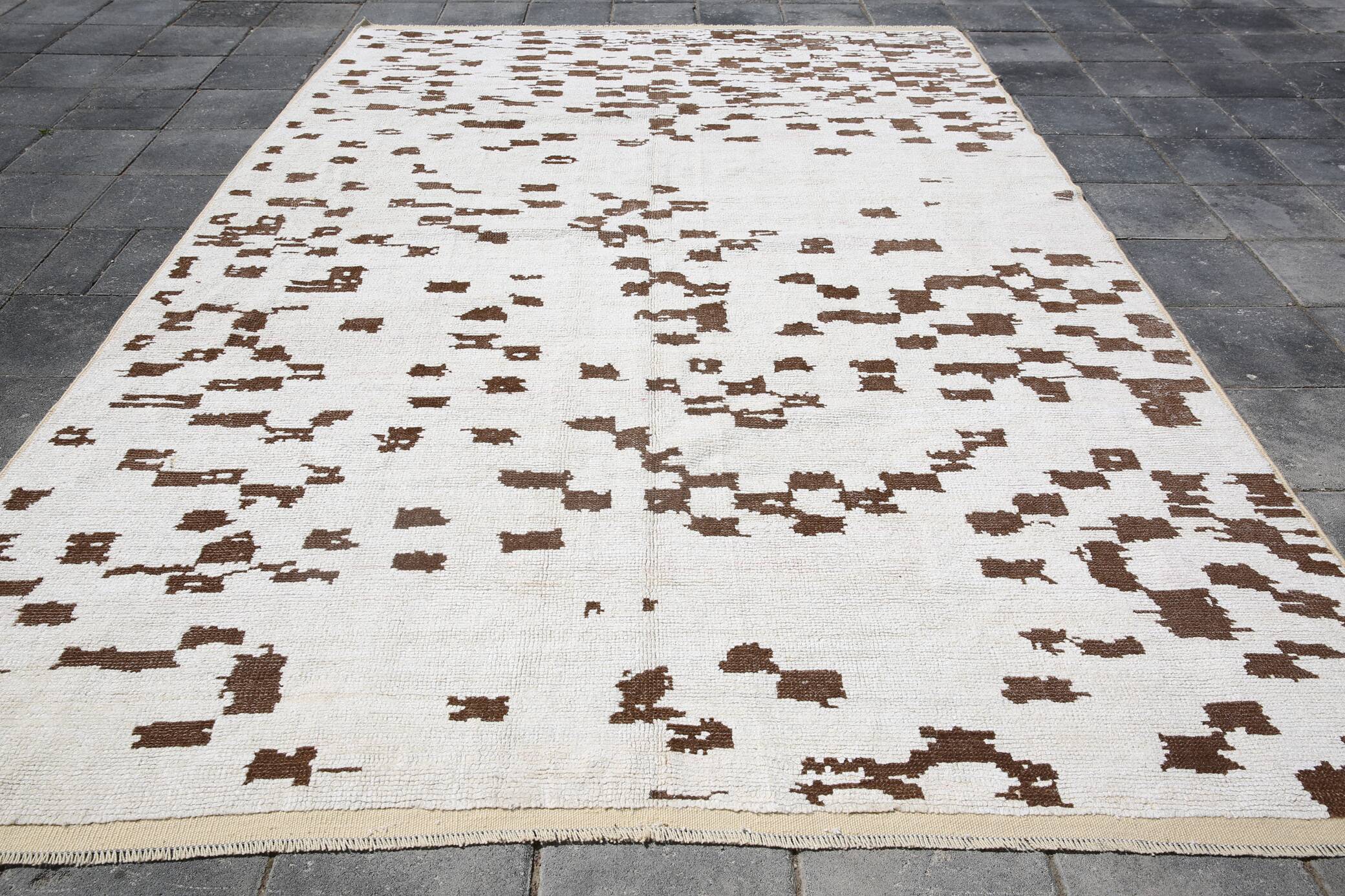 Tapis vintage surdimensionné fait main en laine 100 % crème et marron, 208x303 cm