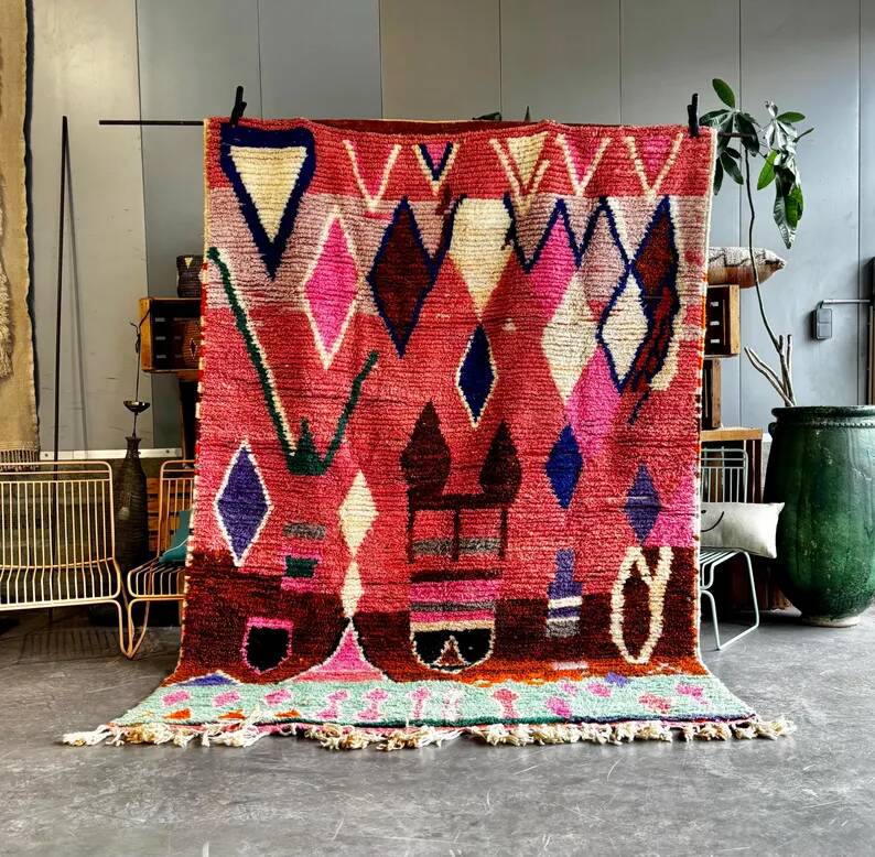 Modern Moroccan Berber Rug 200x300 cm – Geometric wool area rug, pink Boujad style