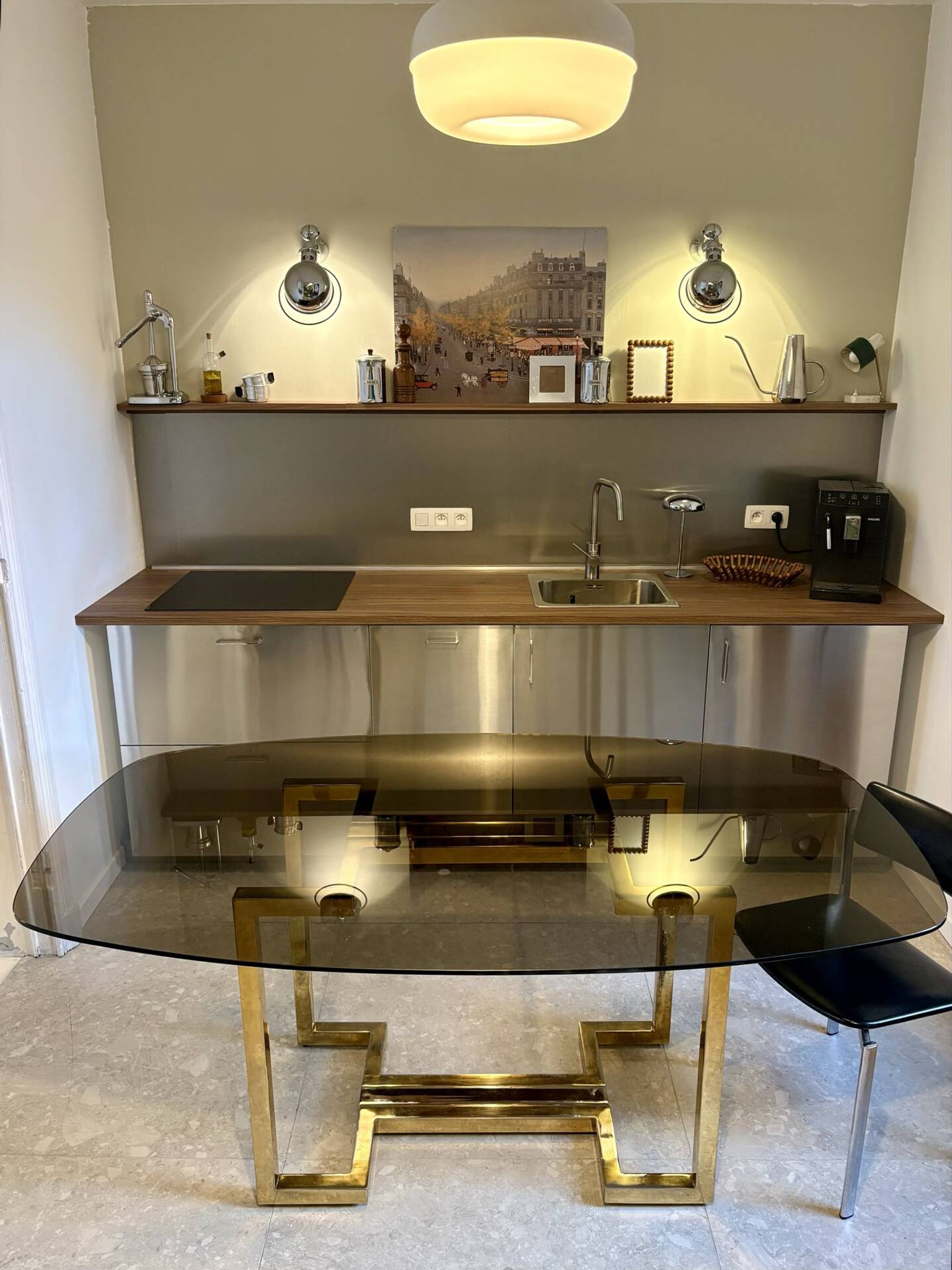 Table à manger Belgo chrome années 70 verre fumé