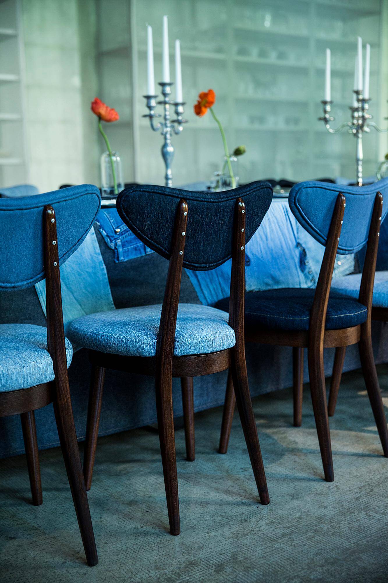 Heart-shaped chair in light and dark blue denim, mid-century style, Europe, 1960s.