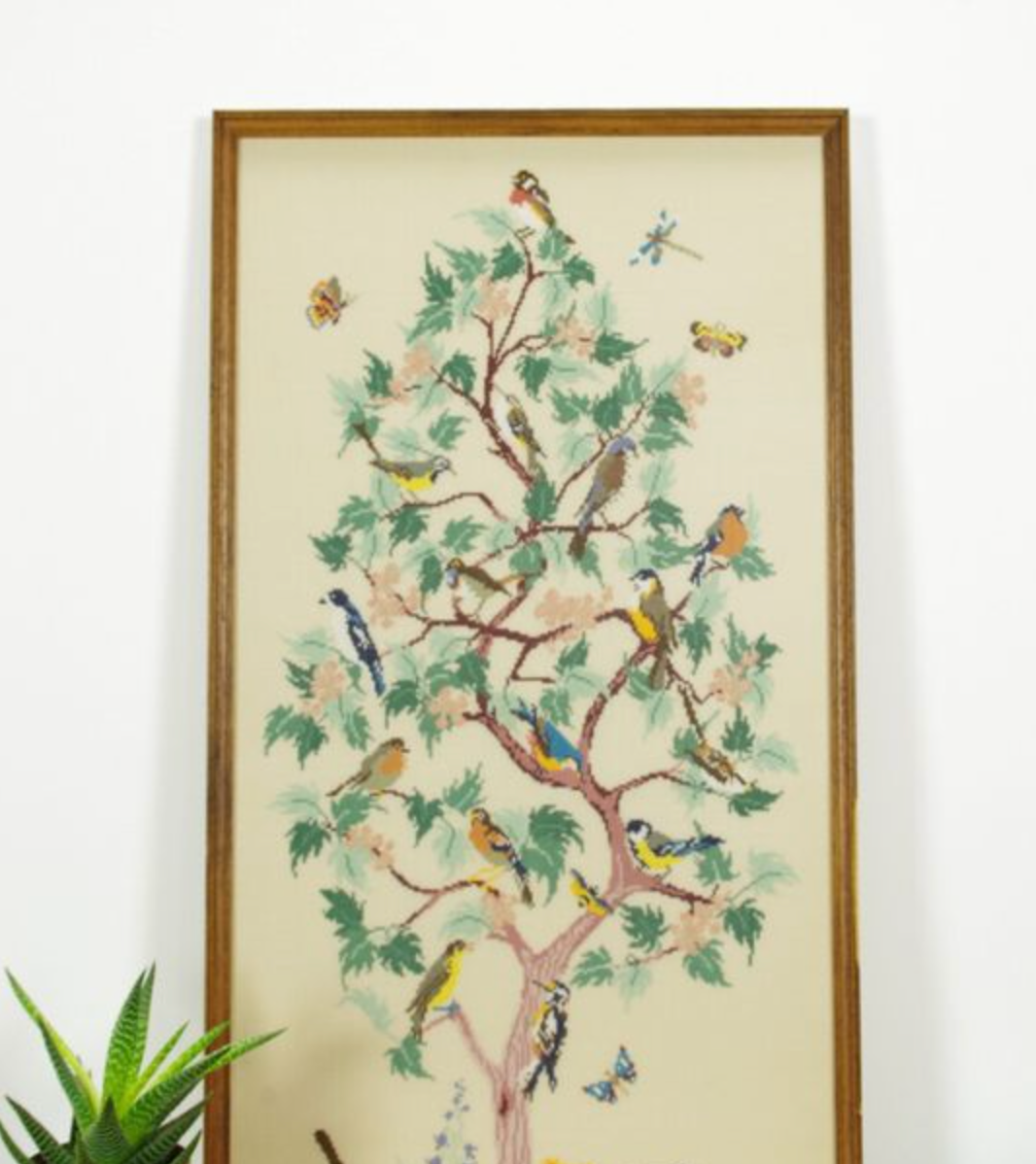 Vintage bird embroidered paint with wooden frame