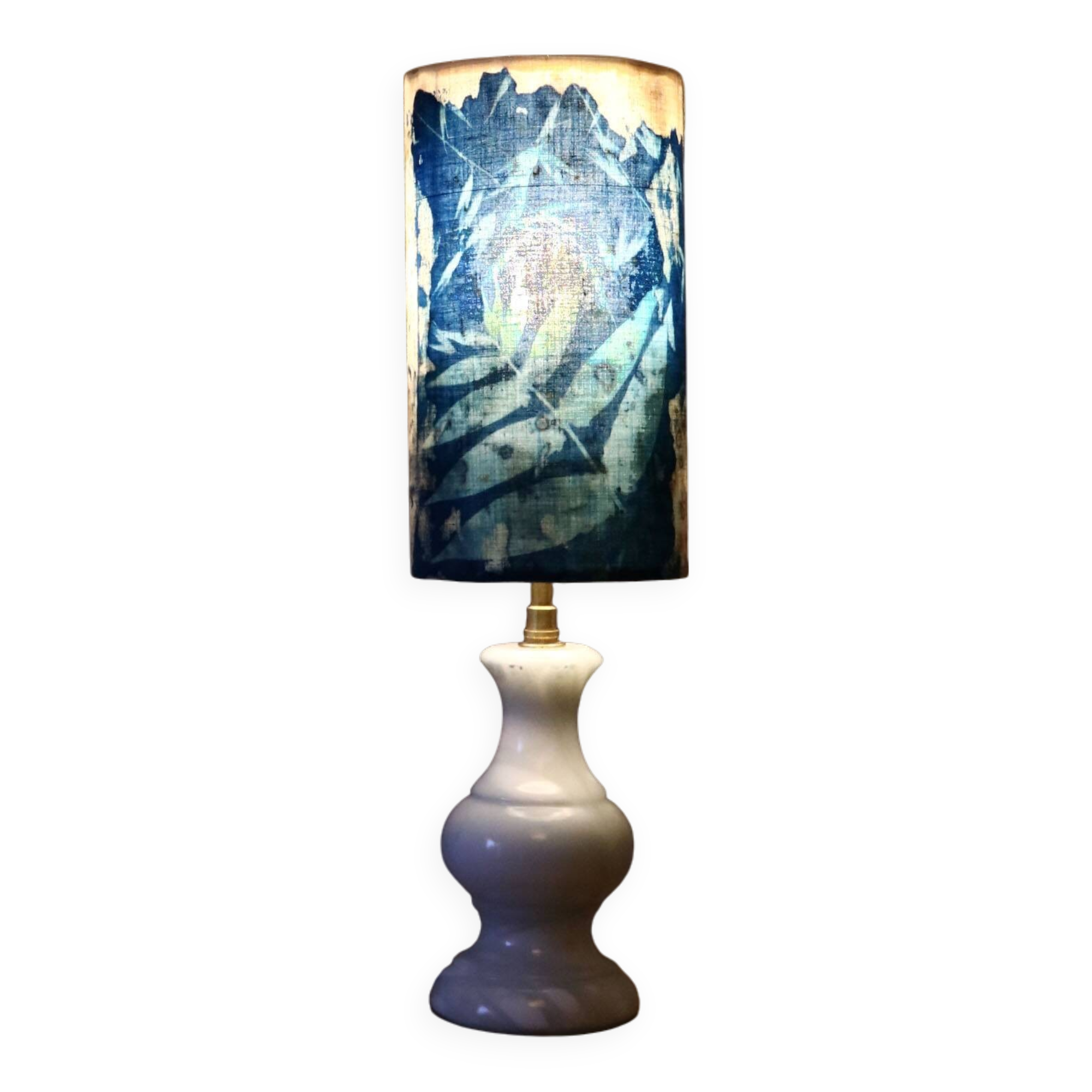 Blue alabaster floor lamp and handmade cyanotype lampshade