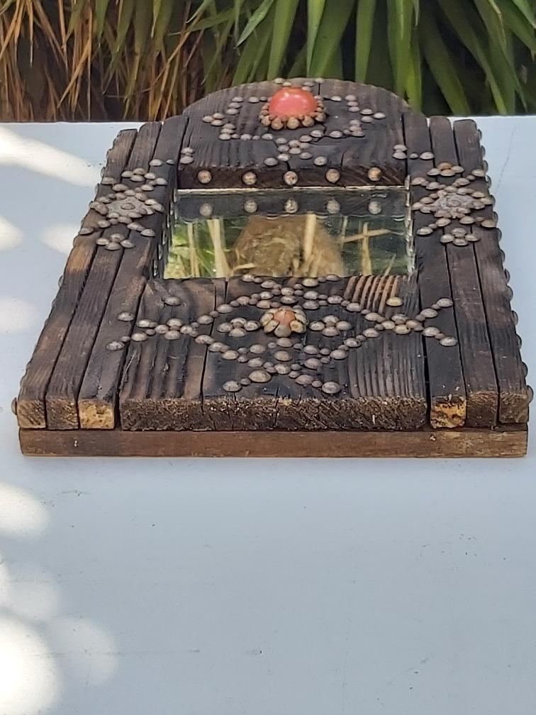 Ancient brutalist oriental wooden mirror 23x53cm