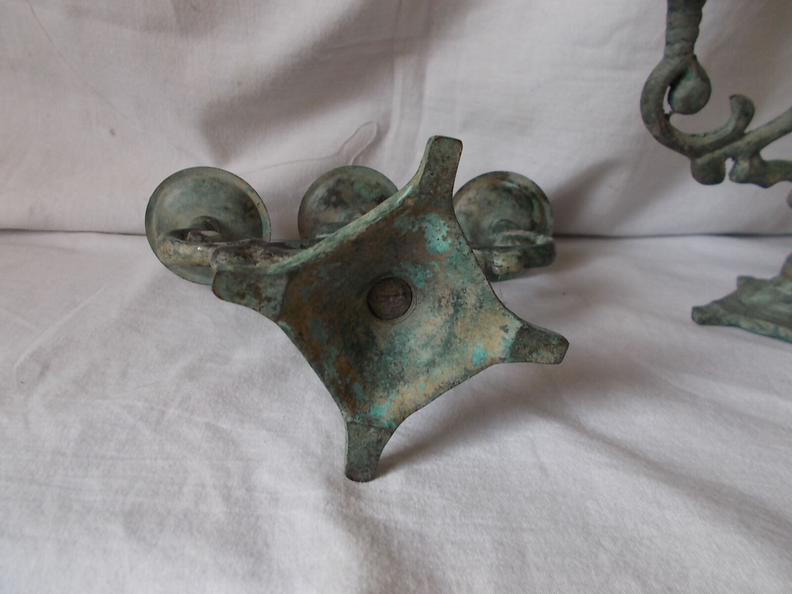 Pair of metal candlesticks patina green grey