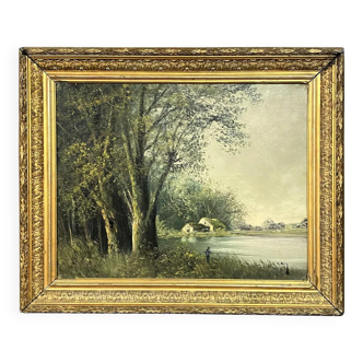 École de Barbizon XXeme - huile sur toile figurant un pêcheur a la ligne vers 1880 signé Henry