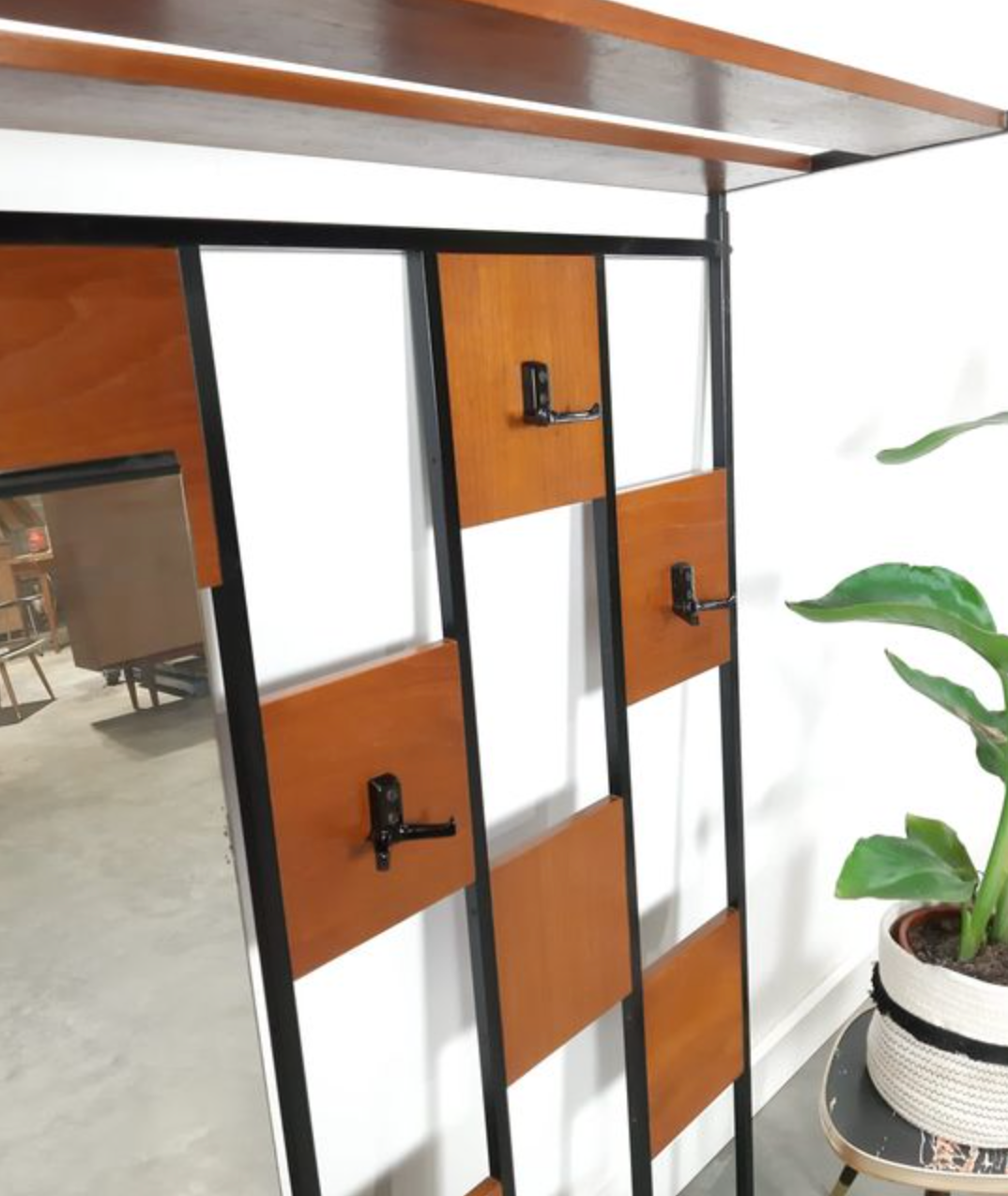 Vintage veneer wall coat rack with steel and mirror | Selency