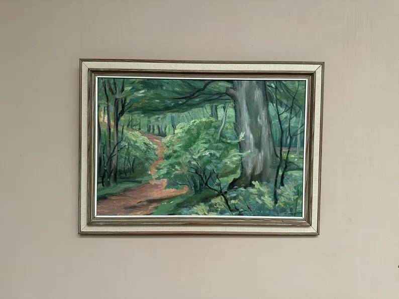 Original Swedish Oil on Canvas – "Path through the Forest" by H.J. Larsson – Signed, Vintage and Framed – 70 x 50 cm (27.5 x 19.6 inches)