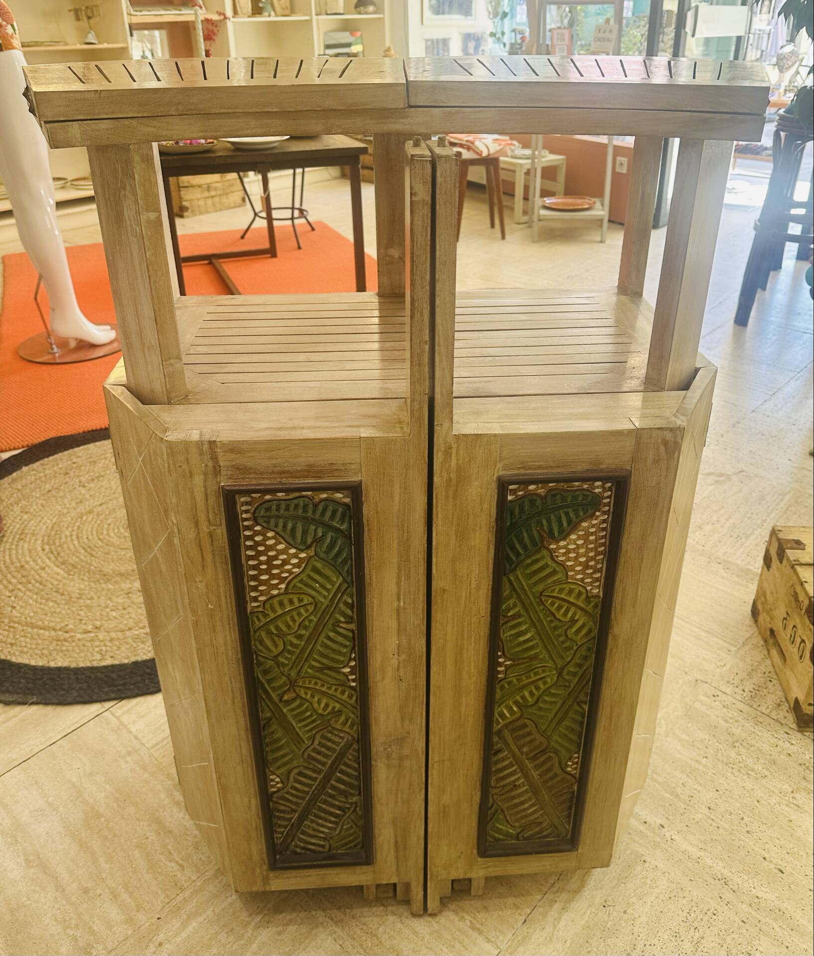 Vintage folding bar counter on wheels, wood.