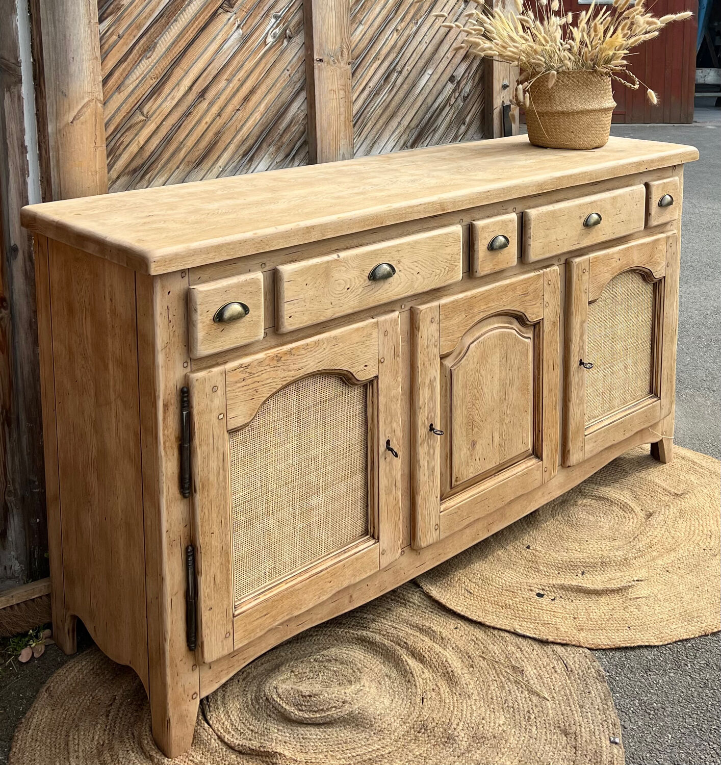 Antique enfilade / solid raw oak sideboard with caning
