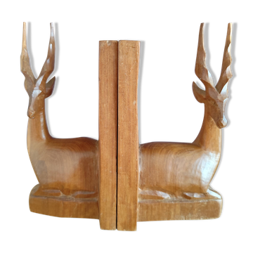 Paire de serre-livres cerfs vintage en chêne massif