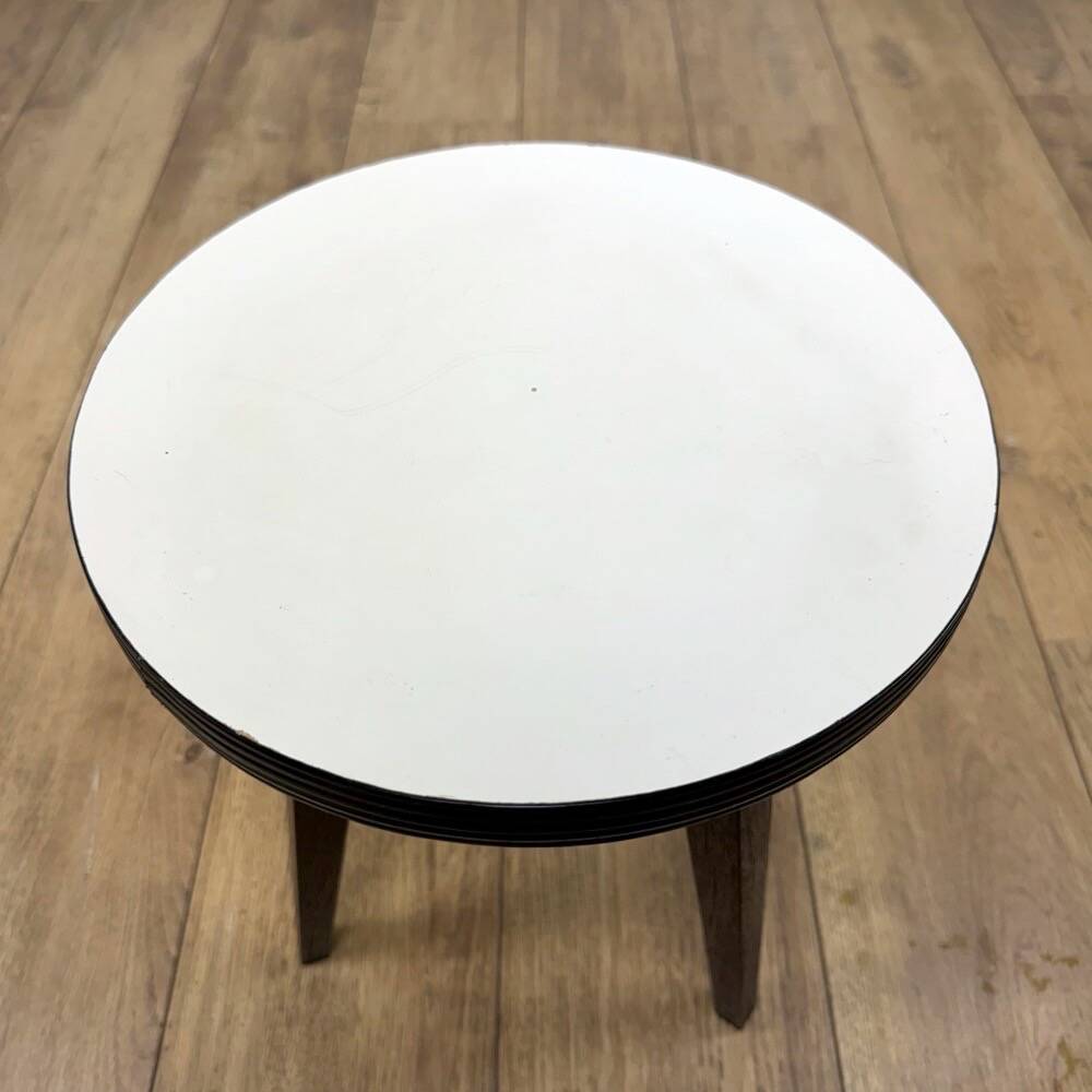 Tripod pedestal table with white top and spindle legs, 50s