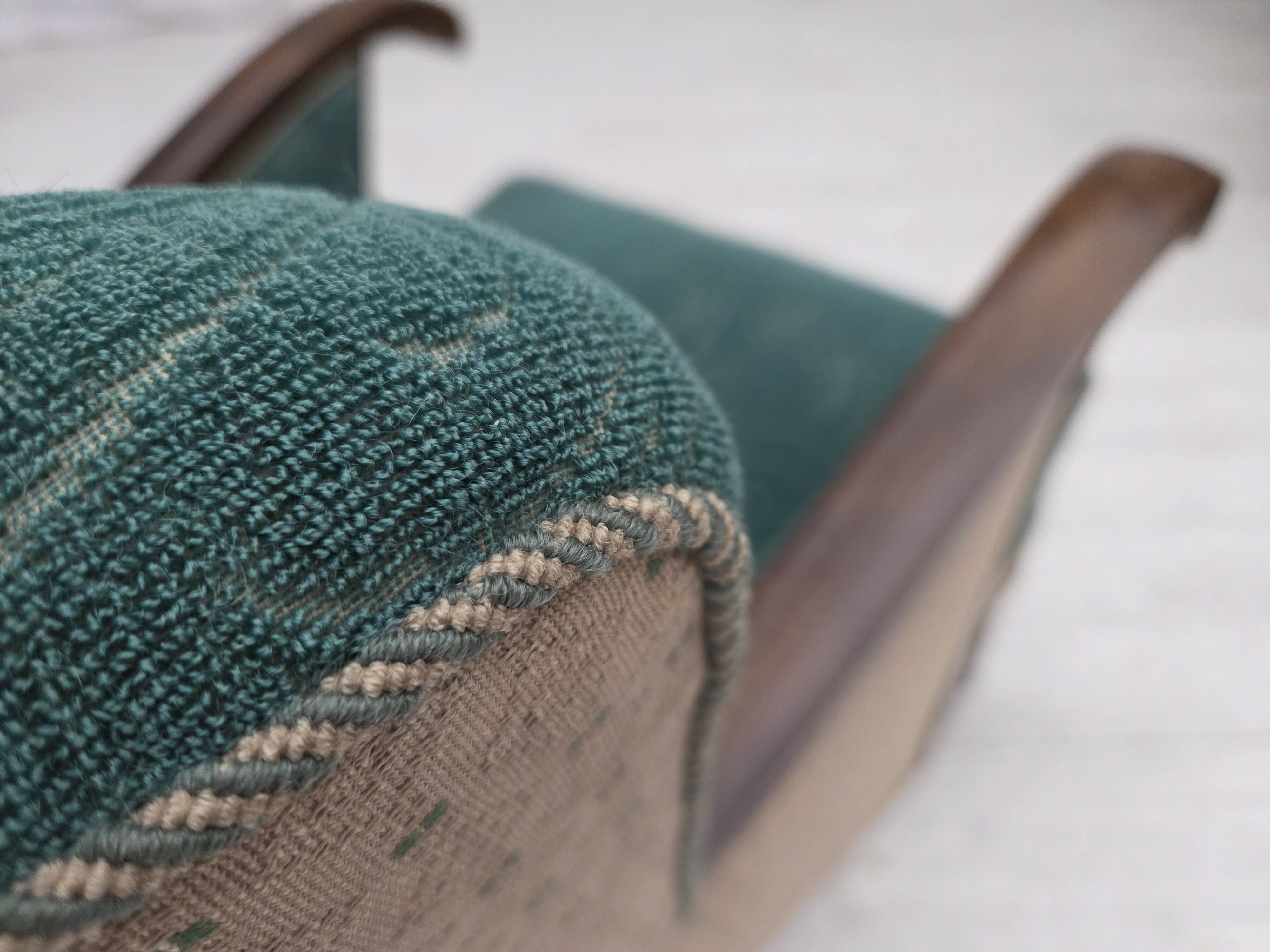 1950s, Danish armchair, original green/beige furniture wool, beech wood.