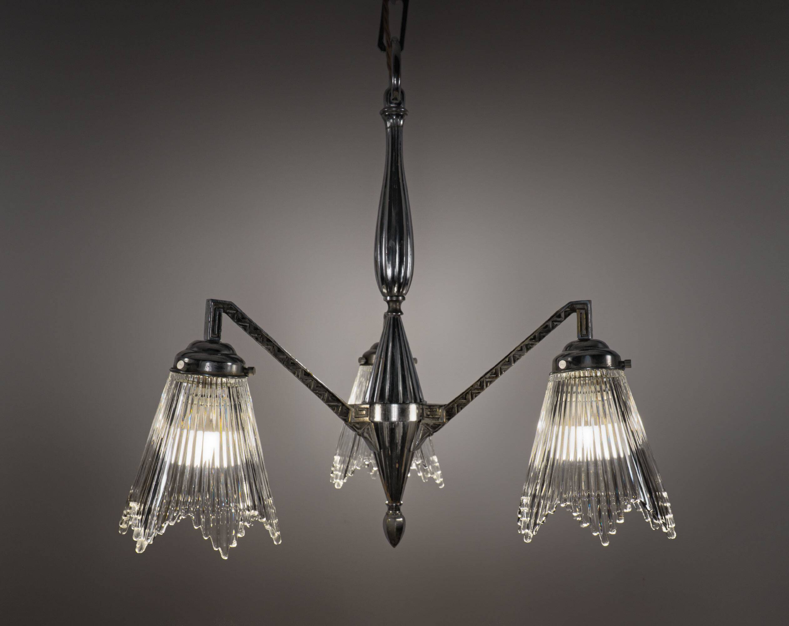 1930s French Art Deco Chrome Chandelier with Prismatic Glass Shades