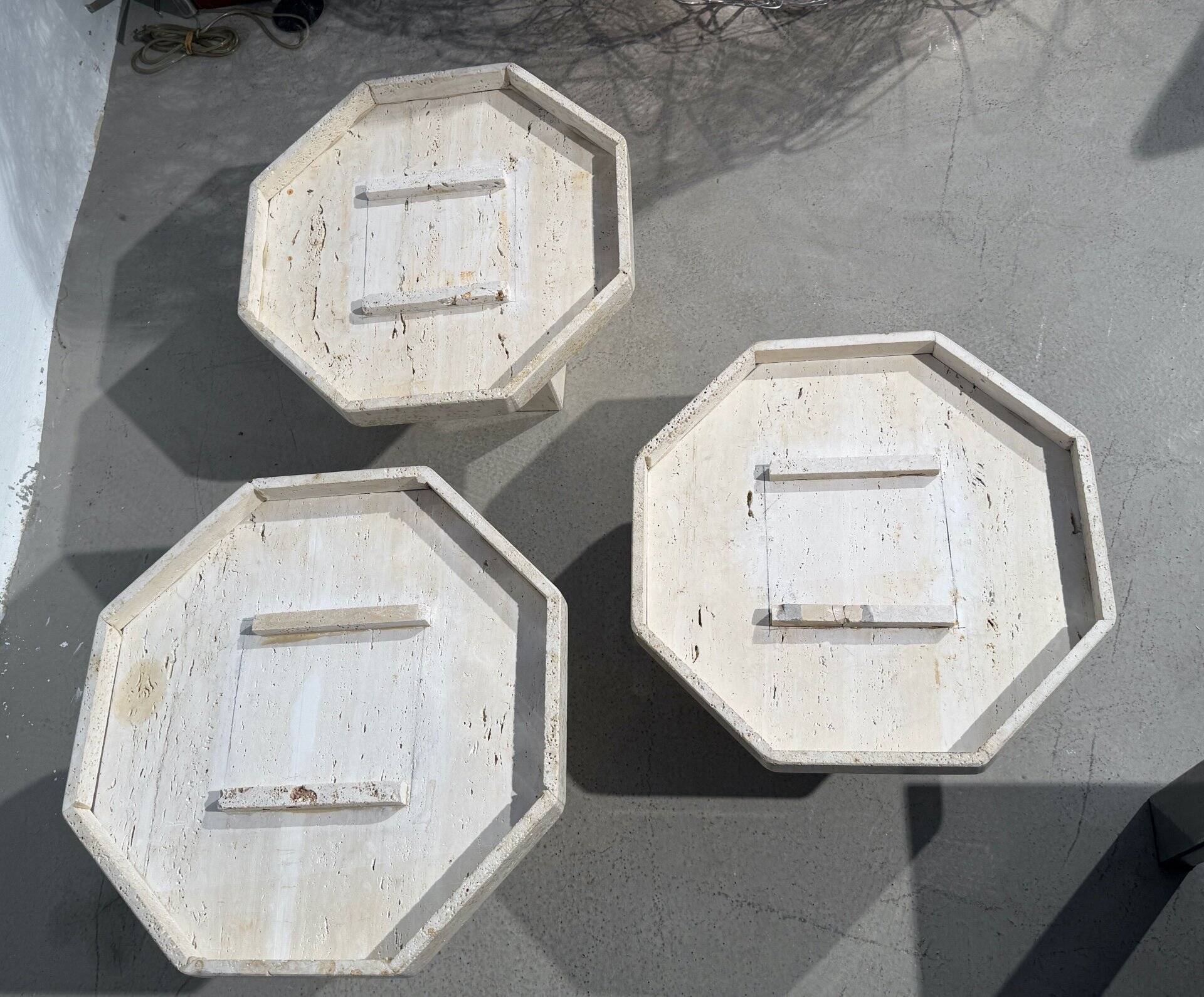 Set of 3 octagonal travertine tables 1970