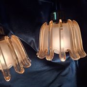 Set of 3 Doria pendant lights in brass and amber-coloured glass, 1960s