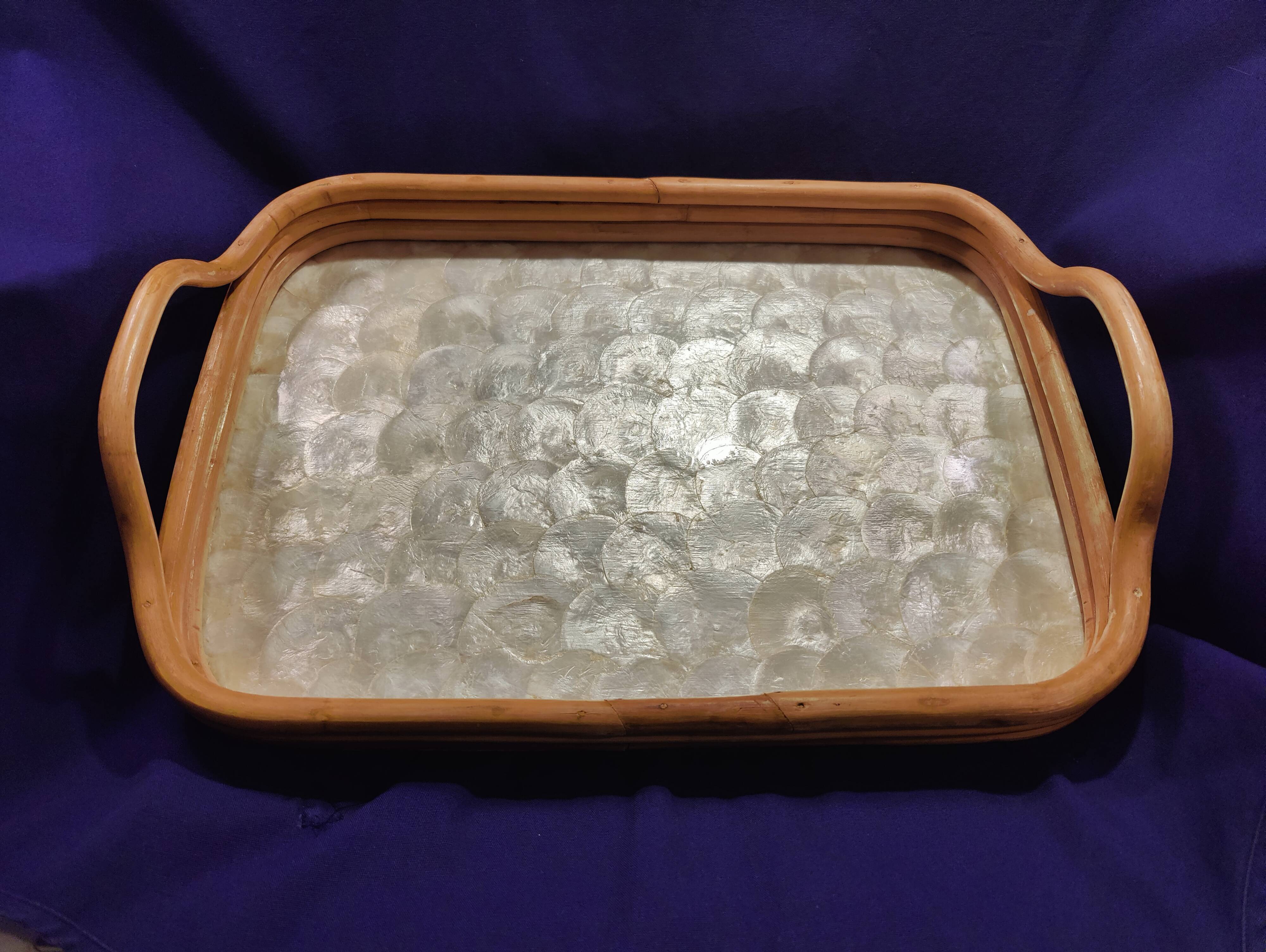 Vintage rattan and mother-of-pearl tray from the 60s