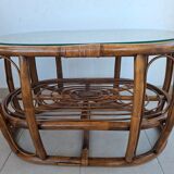 Oval coffee table in rattan and cane, vintage double top.