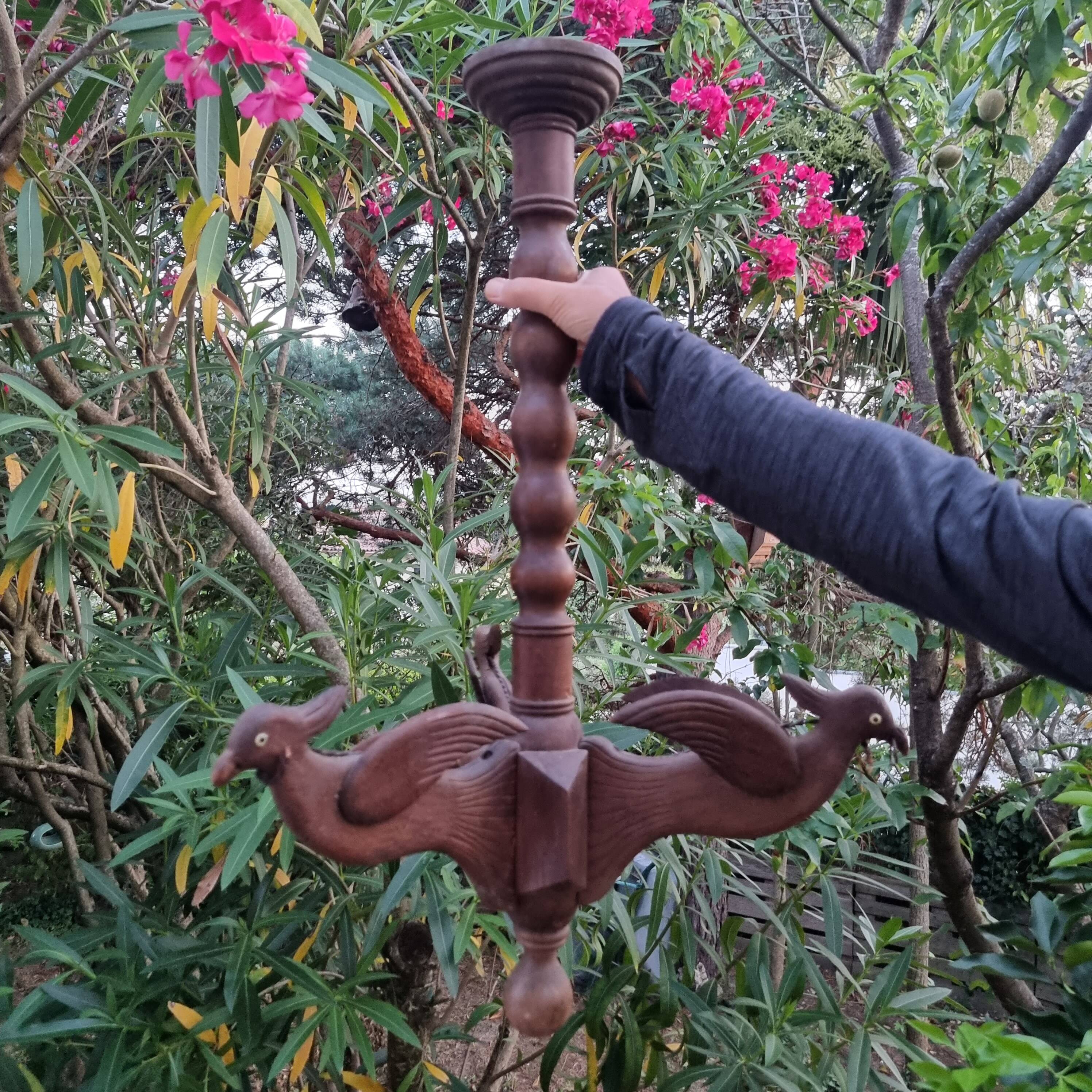 Antique lamp or candlestick, hand-carved, turned wood, Renaissance style