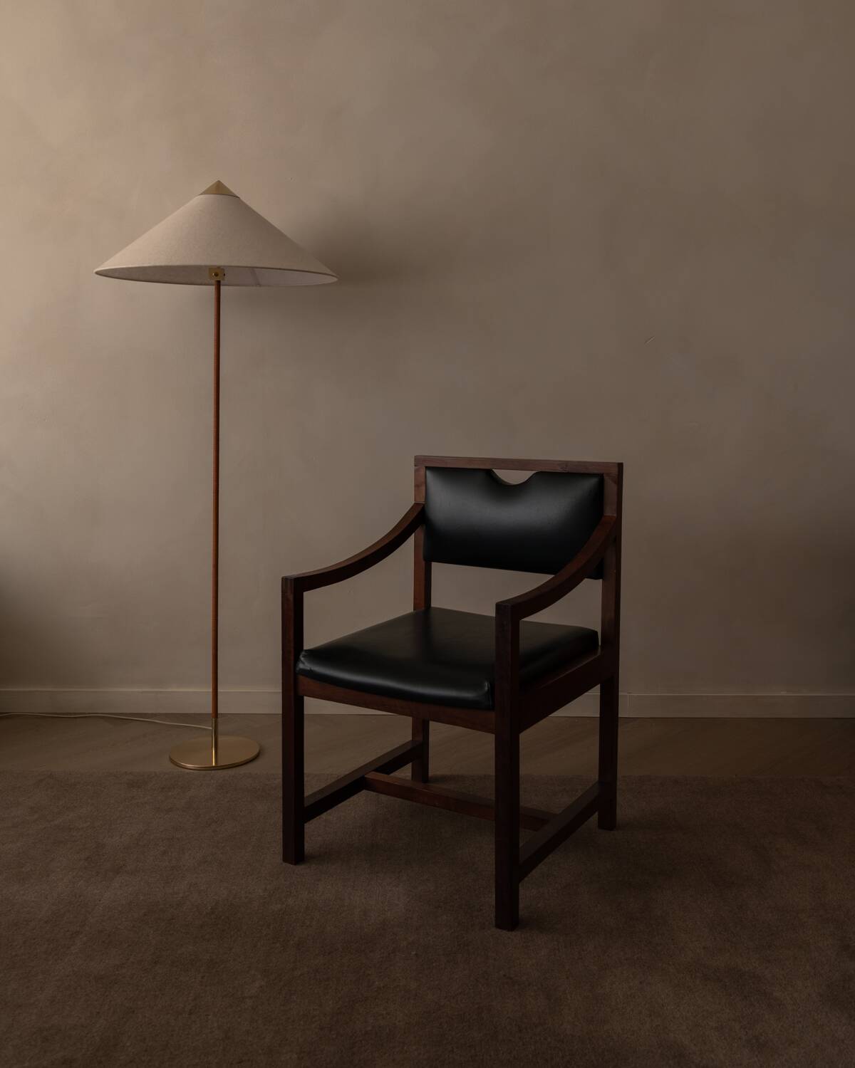 Vintage wooden armchair in black leatherette, Scandinavian style