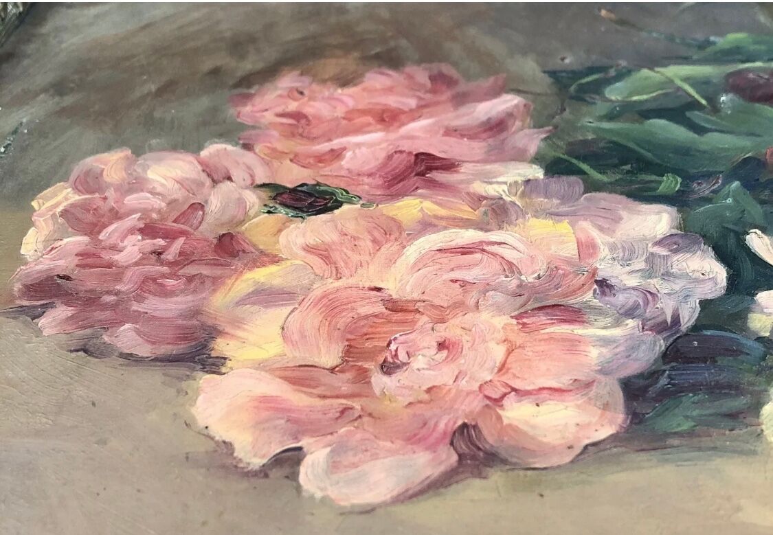 François Félix Roubaud Still life oil on wooden panel bouquet roses peonies XIX