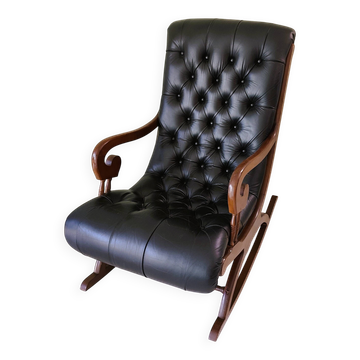 Fauteuil Chesterfield a bascule en cuir noir