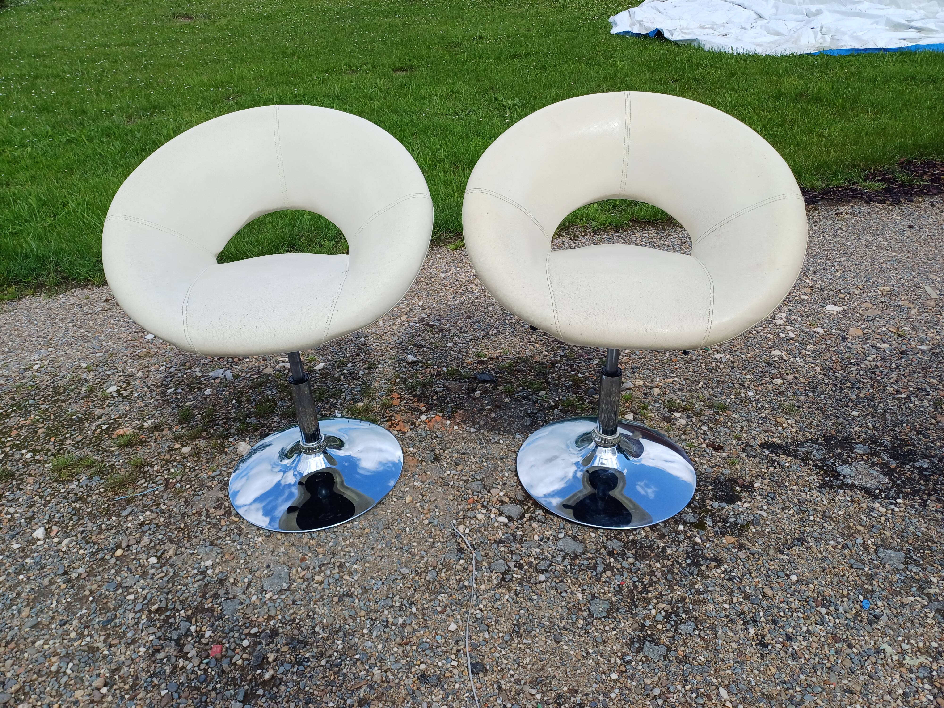 Pair of Vintage Chrome and Light Beige Skai Armchairs