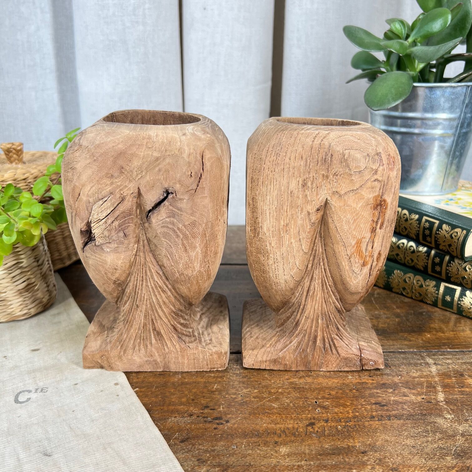 Pair of wooden "owl" candlesticks