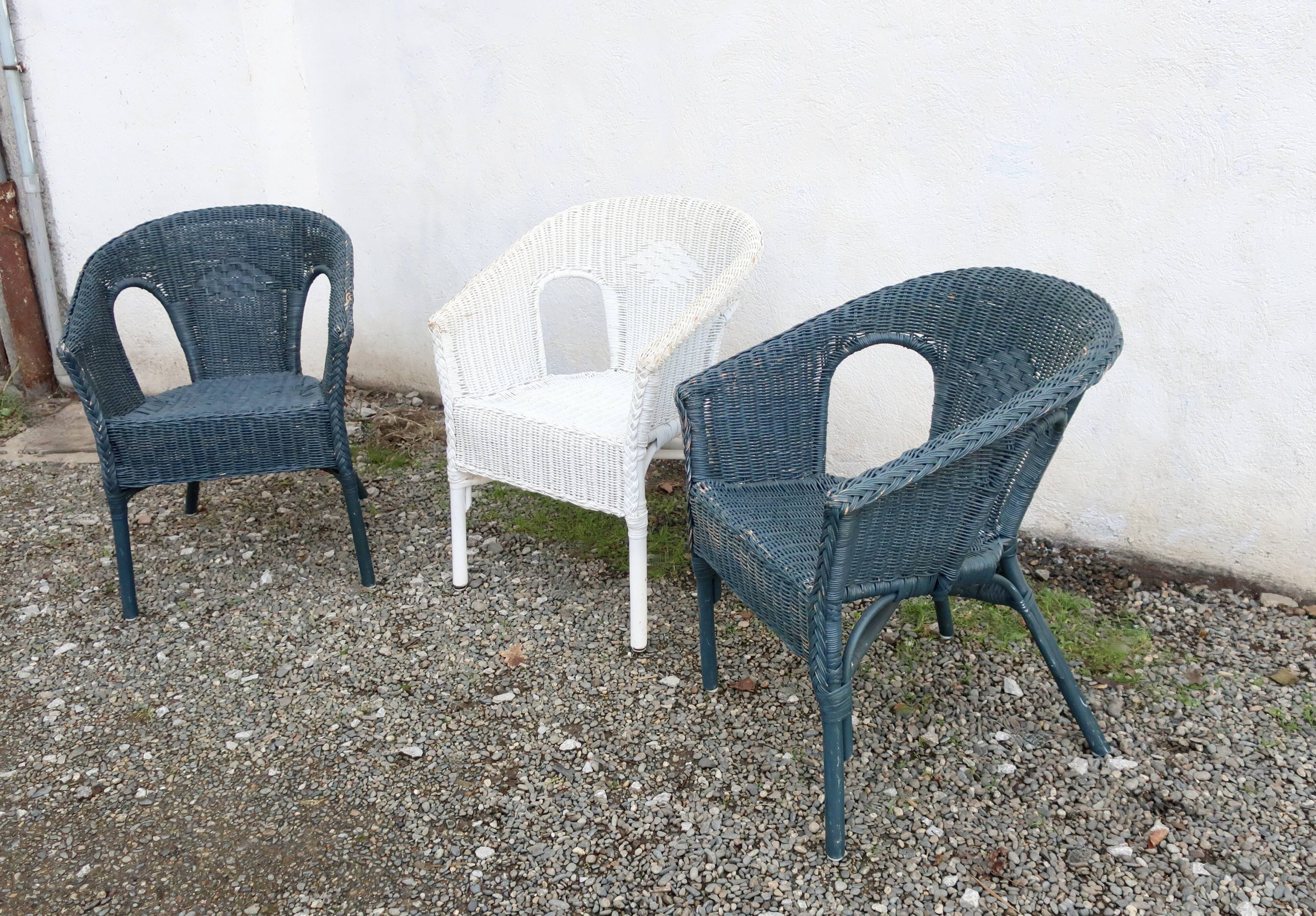 3 vintage rattan armchairs, adult size, 1960s