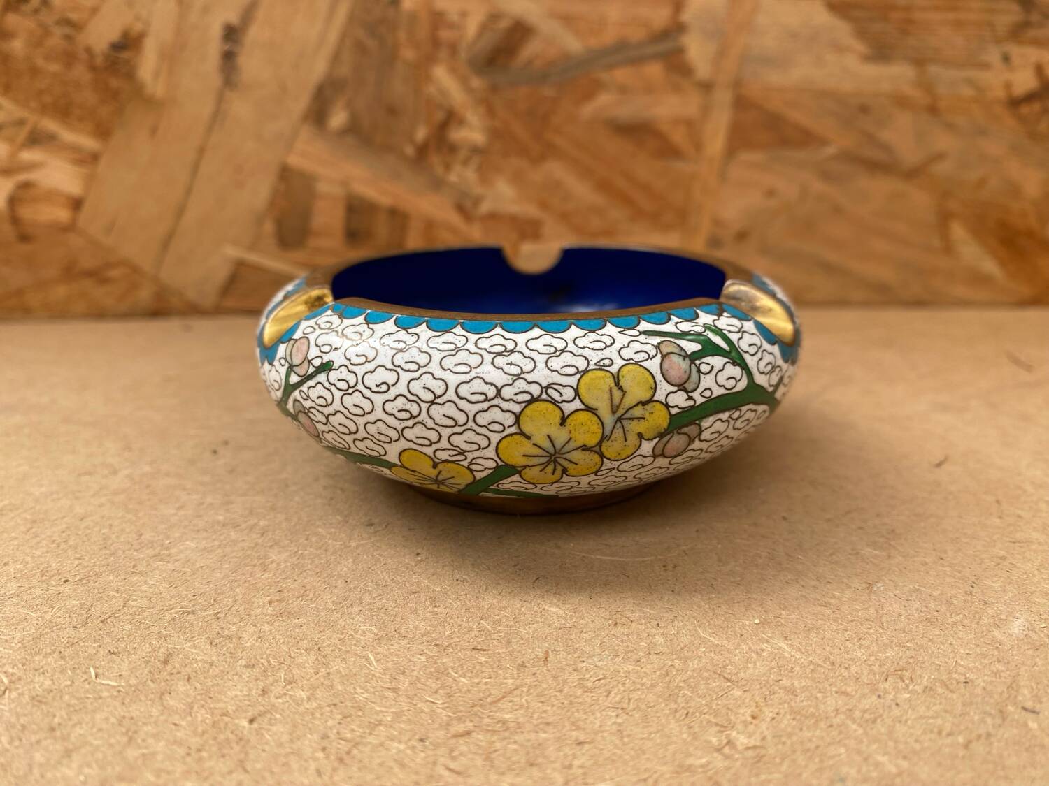 Antique Chinese Bronze Cloisonne Enamel Ashtray Vintage Flower Pattern