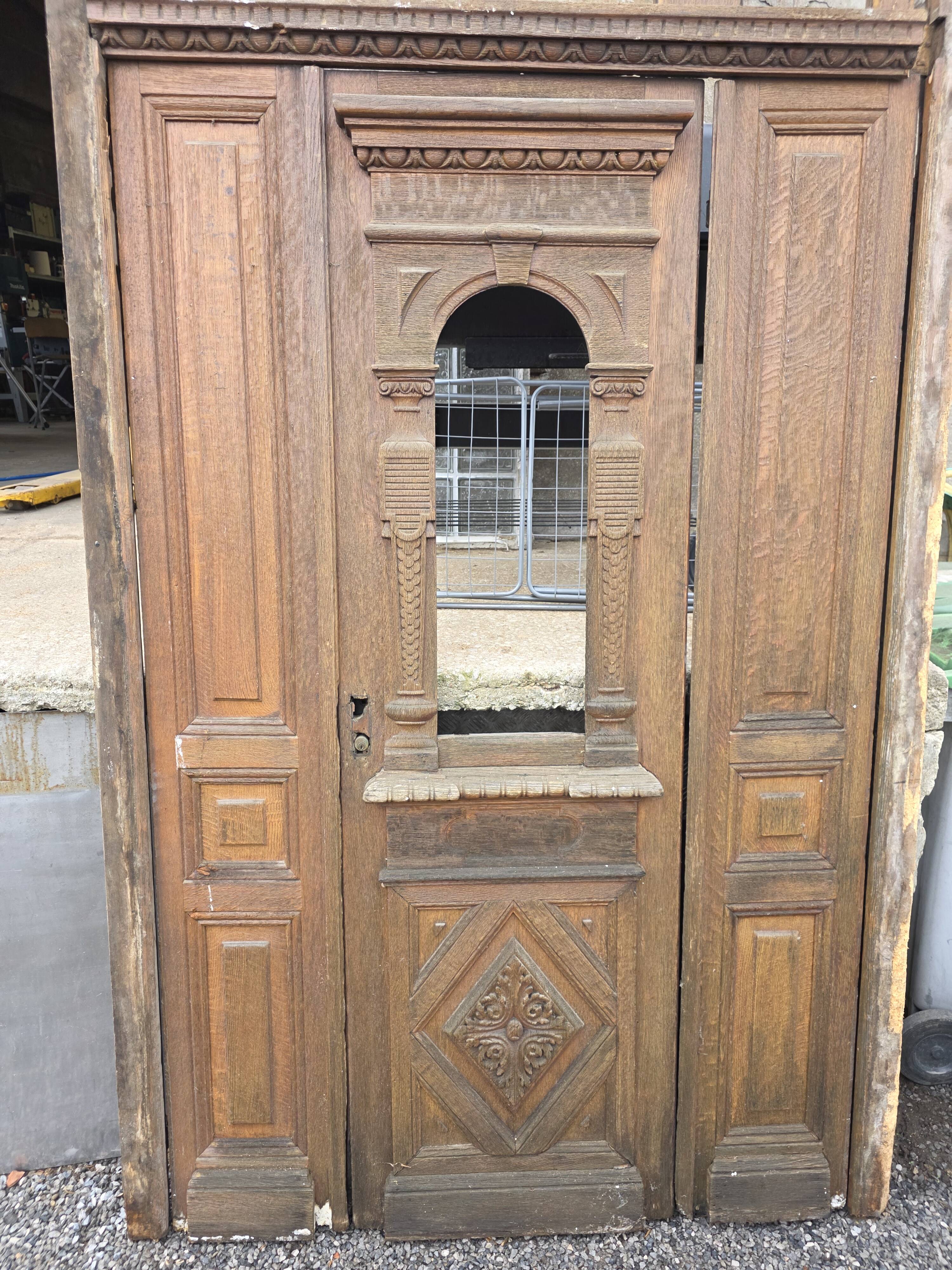 19th-century solid oak entrance door with three openings, including frame.