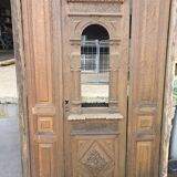19th-century solid oak entrance door with three openings, including frame.