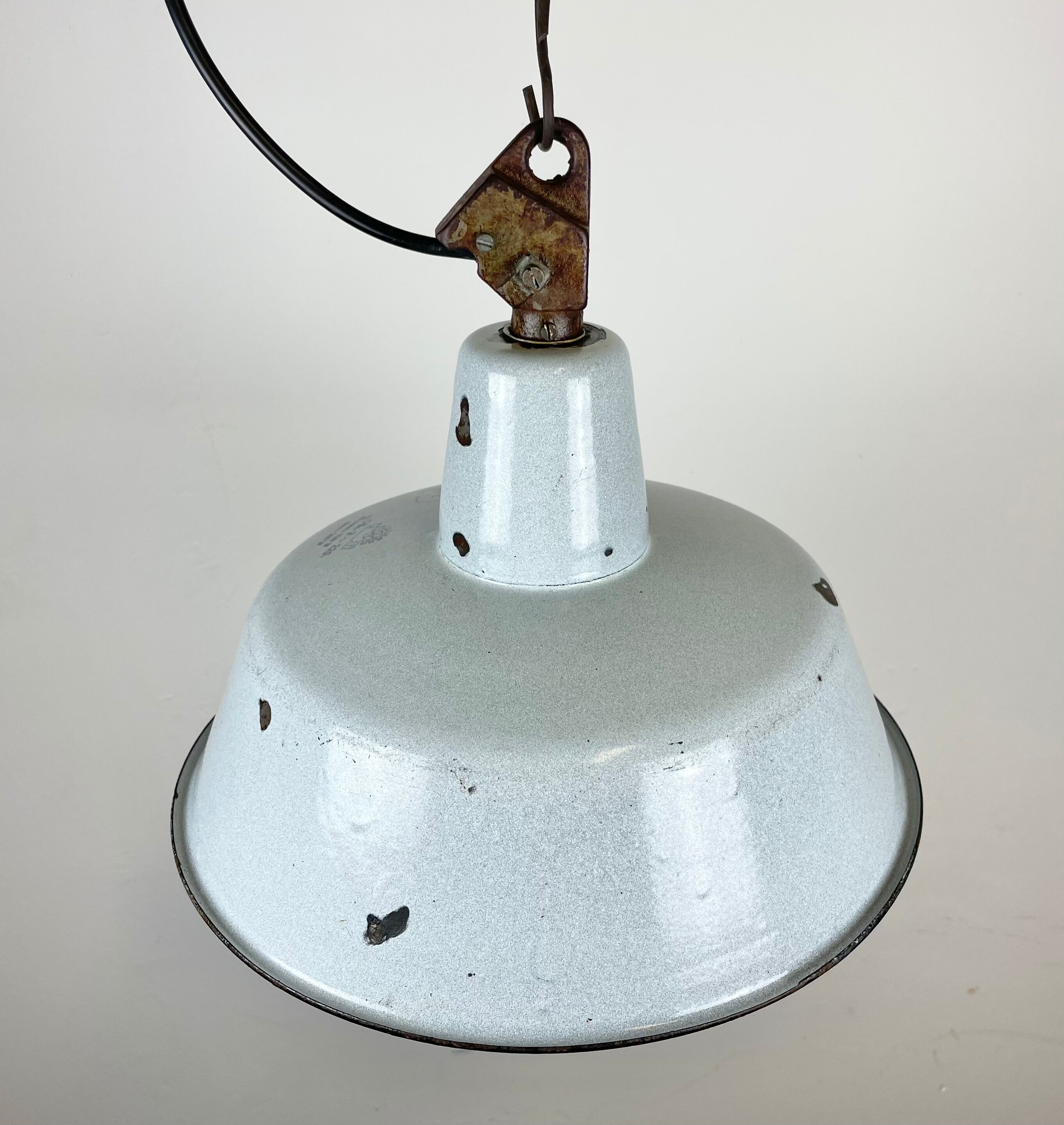 Industrial Grey Enamel Factory Lamp with Cast Iron Top, 1960s