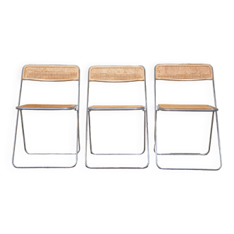 Lot de 3 chaises pliantes en rotin et métal chromé, chaise vintage, design, 60's