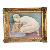 Tableau Peinture huile Toile Psyché Femme Nu au Chat d'Après Leonor Fini