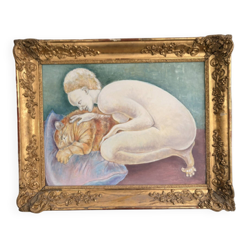 Oil Painting Canvas Psyche Woman Nude with Cat After Leonor Fini