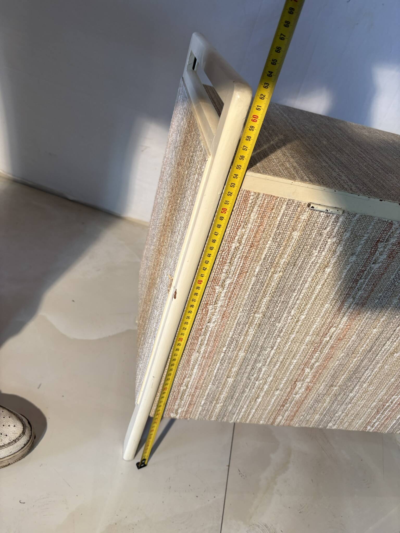 Vintage upholstered chest, white lacquered wooden structure, 1960s-70s