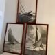 Three black and white-themed photographs sailboat boat with mahogany frame