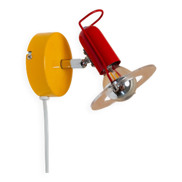 Vintage Paulmann 1980s wall lamp in yellow metal with red head and clear acrylic disc