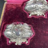 4 salerons, argent, Ravinet D'enfert, 4 pelles, intérieur verre blanc, écrin, intérieur pourpre, XIX