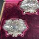 4 salt pots, silver, Ravinet D'enfert, 4 shovels, white glass interior, case, purple interior, 19th century