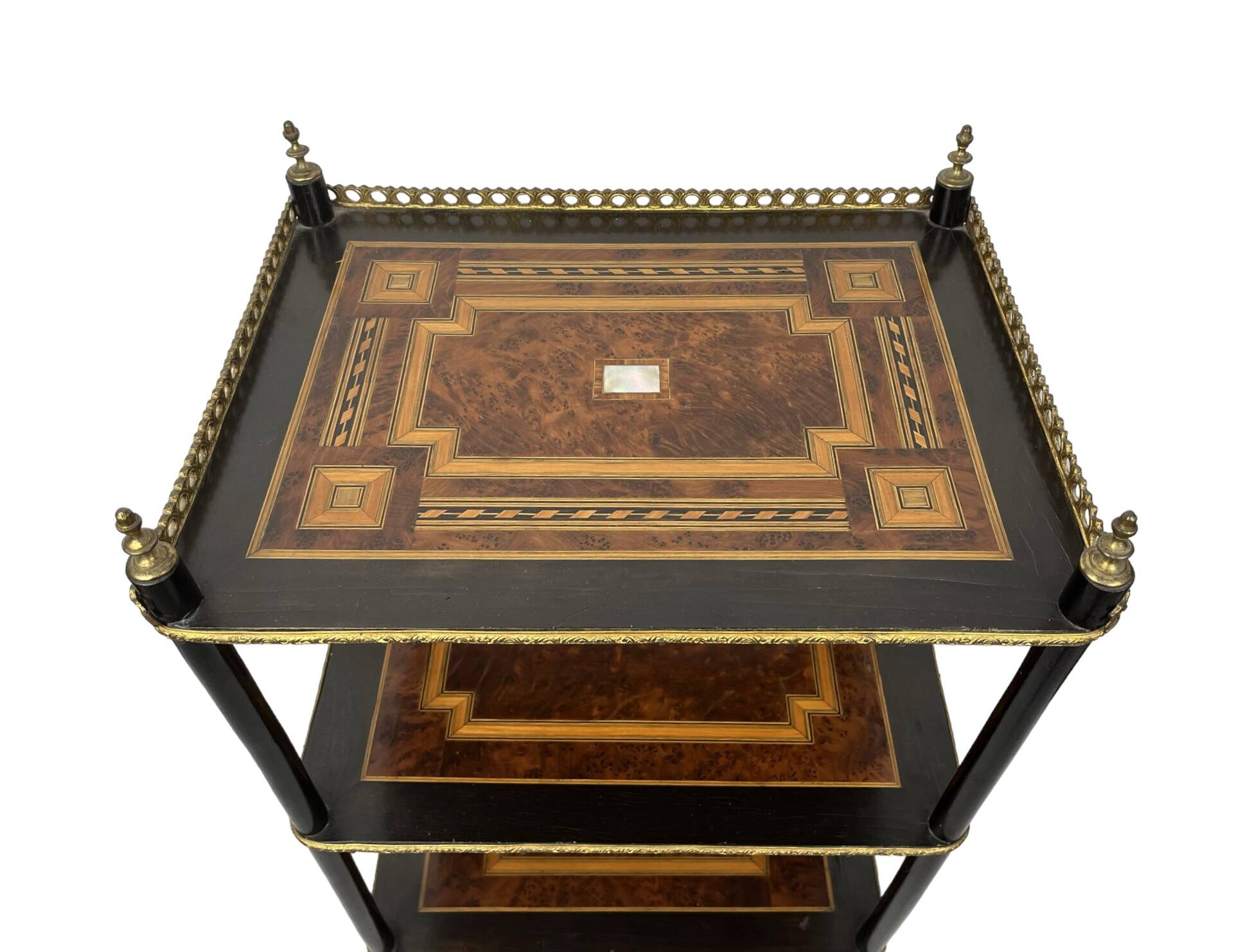 Old three-level Napoleon III marquetry sideboard, late 19th century
