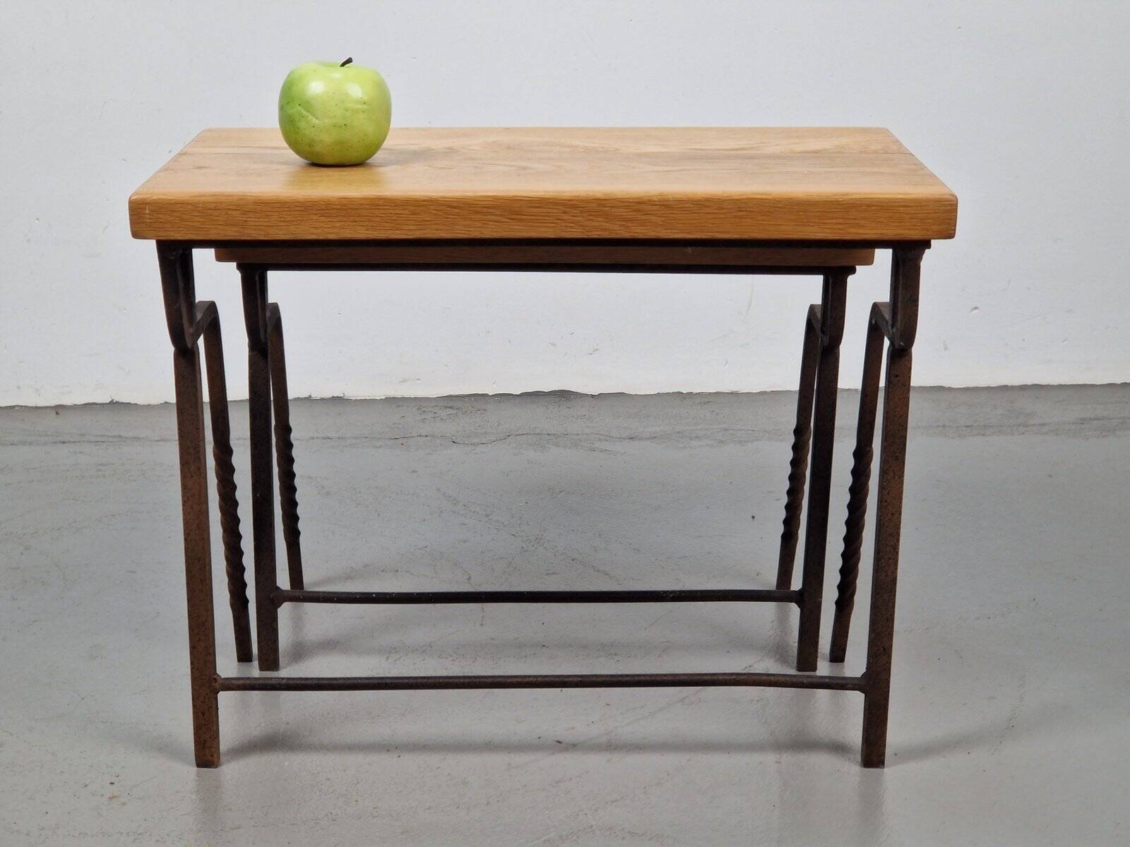 Brutalist Cast Iron and Oak Nesting Tables, 1970s, Set of 2