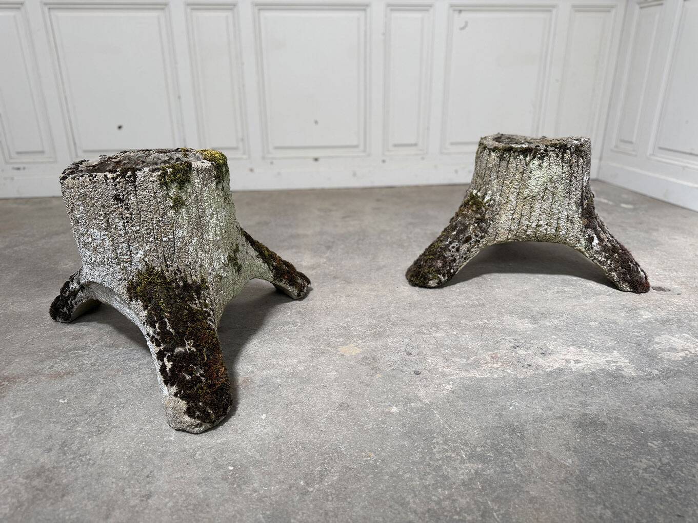Pair of 50's wooden effect concrete planters
