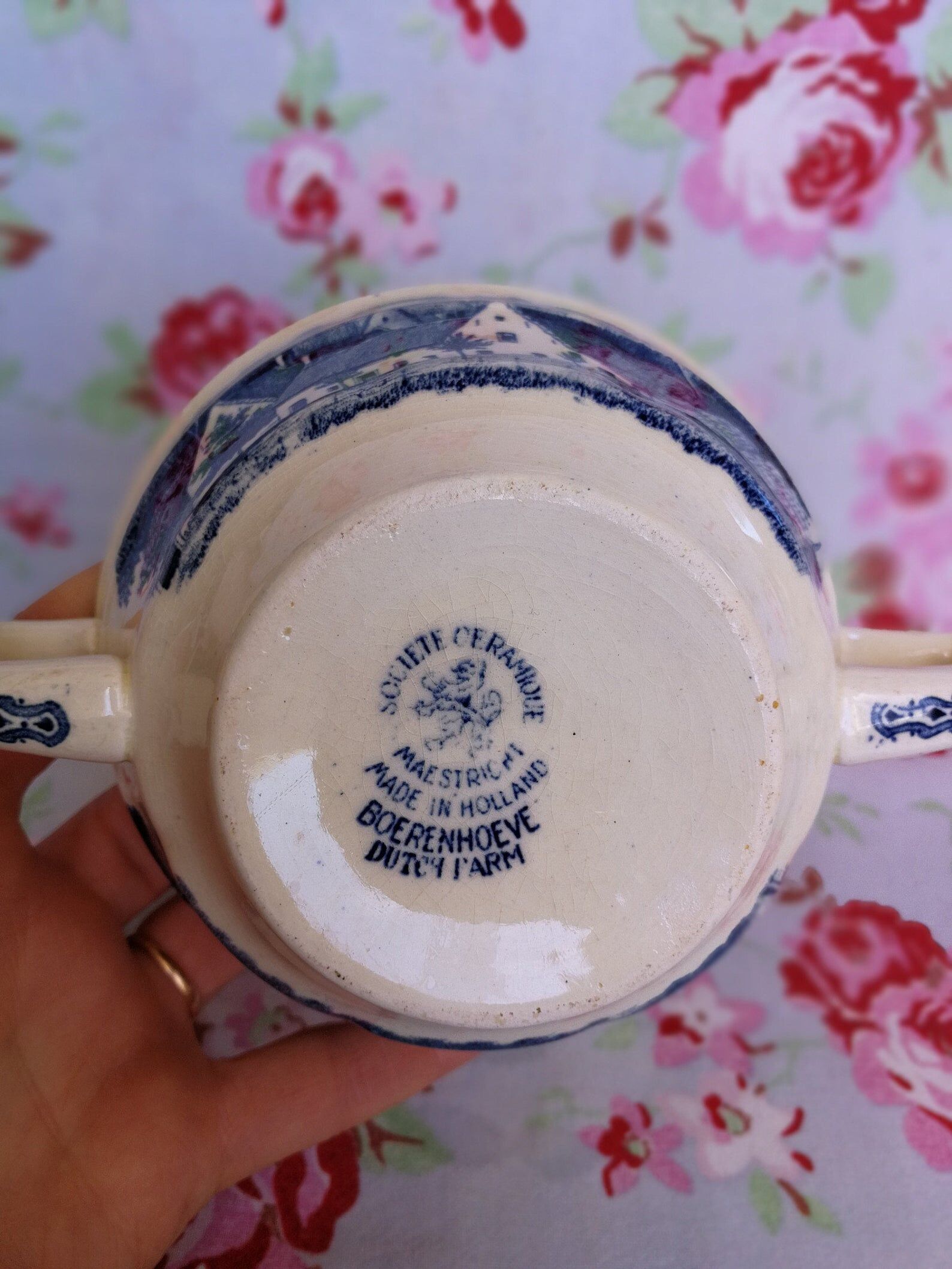 Ancient cup double handle ceramic company maestritcht made in holland boerenhoeve dutch farm