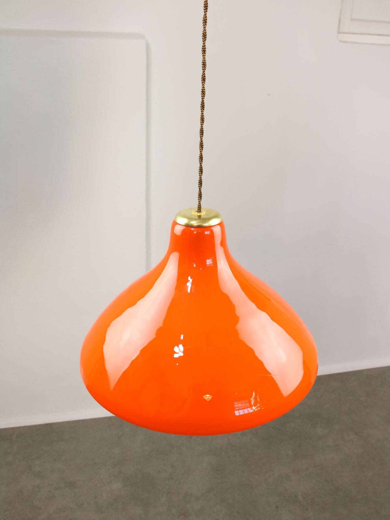 Mid-Century Italian Orange Glass and Brass Pendant Lamp